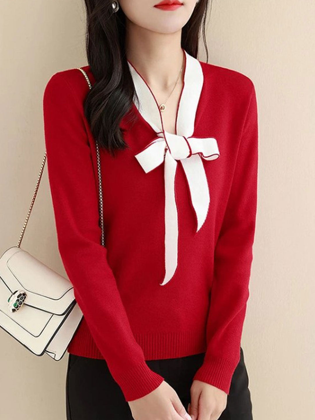 Jessica Casual Color Block Bow Tie Knitted Top