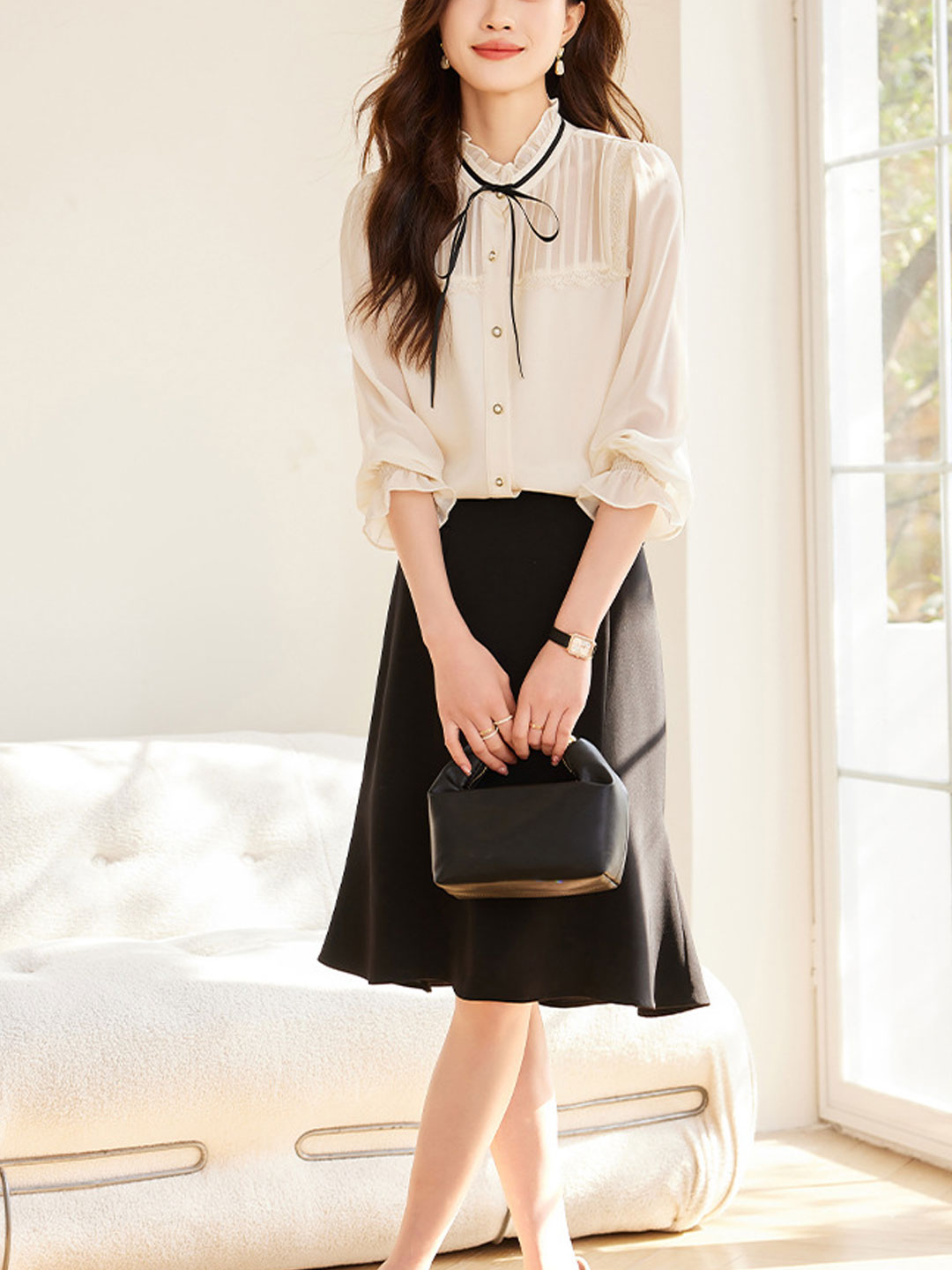 Chloe Vintage Ruffle Bow Collar Chiffon Blouse