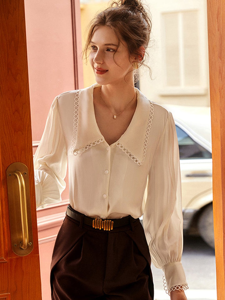 Chole Vintage V-Neck Puff Sleeve White Blouse