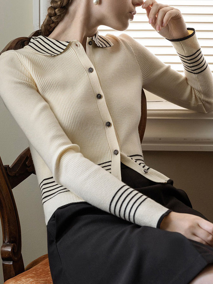 Trina French Style Striped Lapel Knitted Top