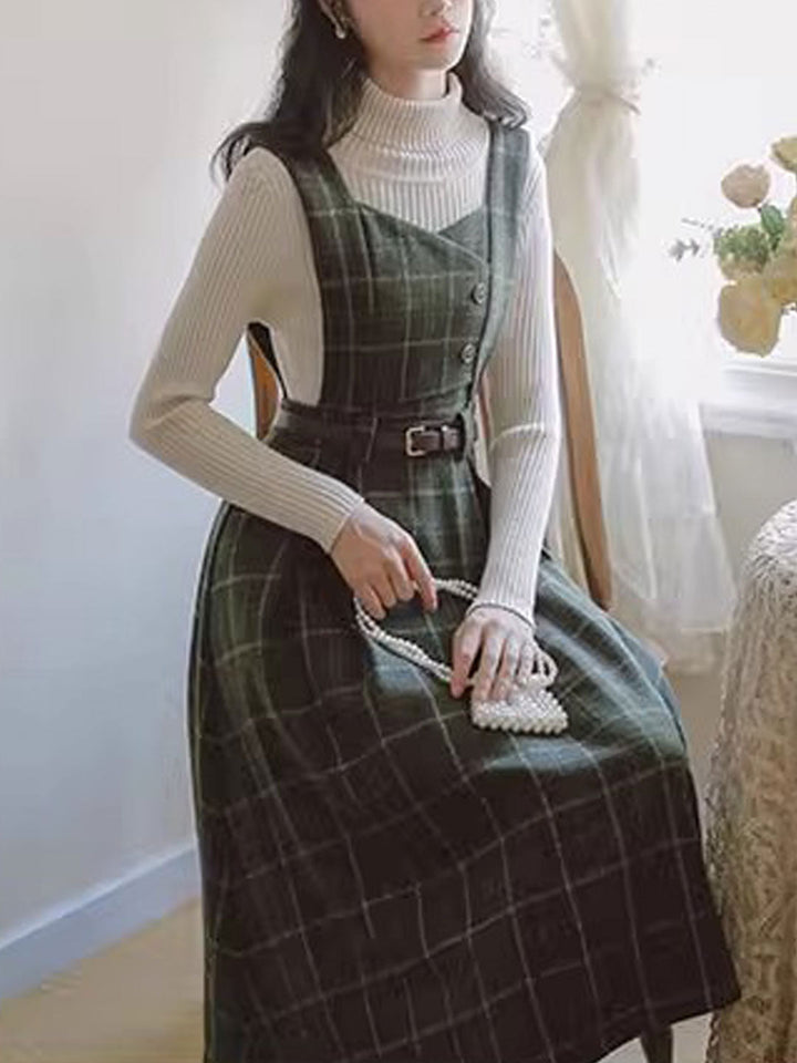 Bella Retro V-Neck Plaid Vest Dress