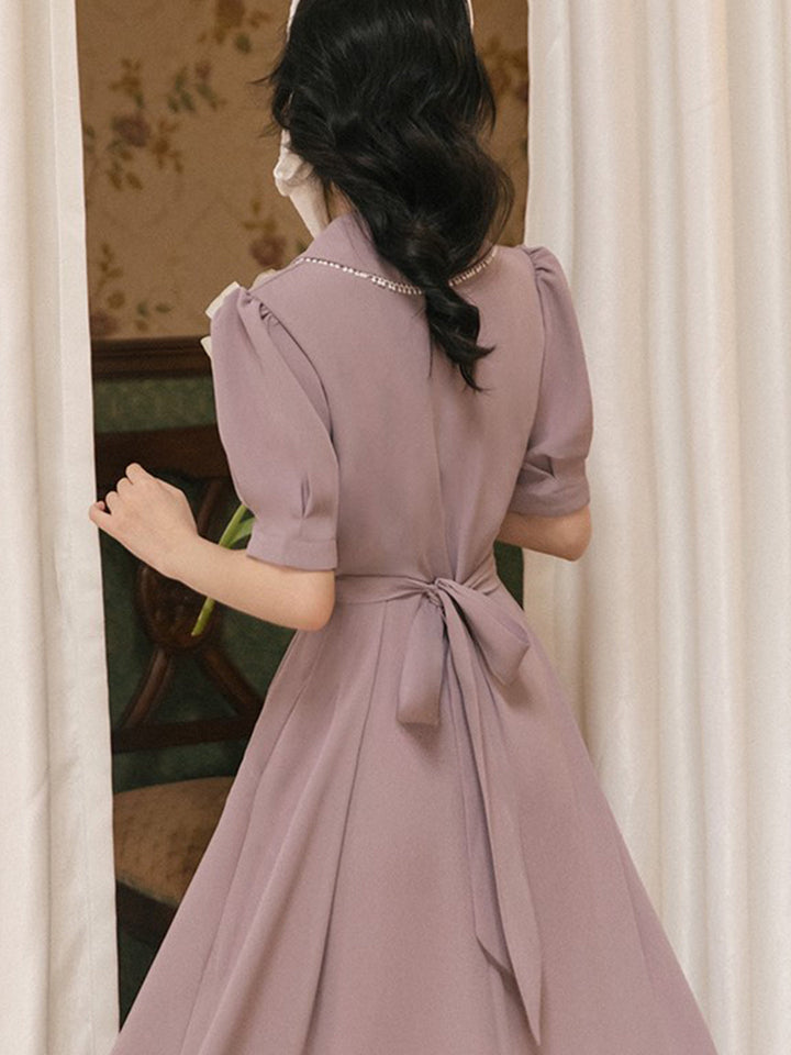 Raya Elegant Lantern Sleeve V-Neck Midi Dress