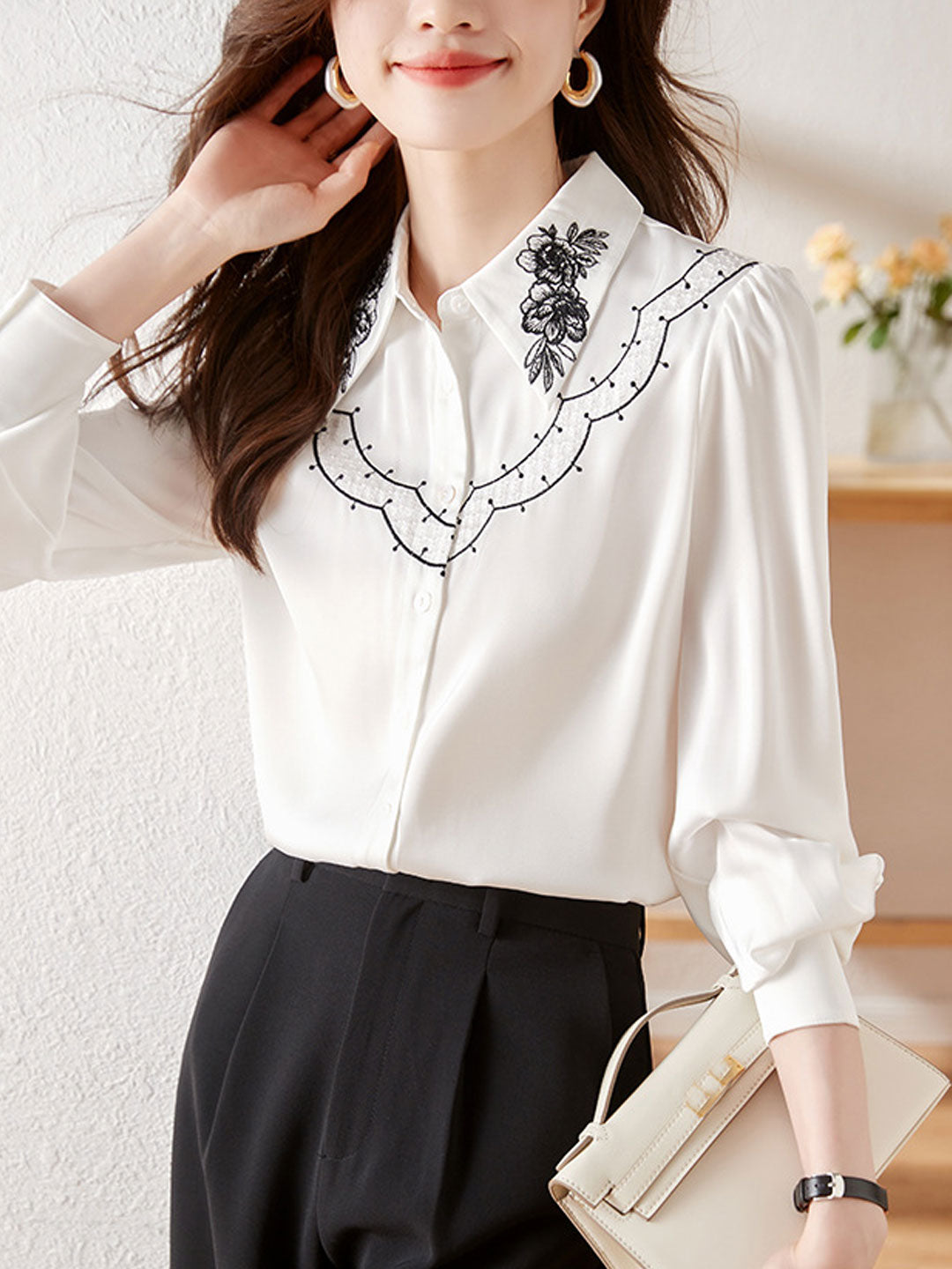 Emma Doll Collar Puff Sleeve Embroidered Shirt