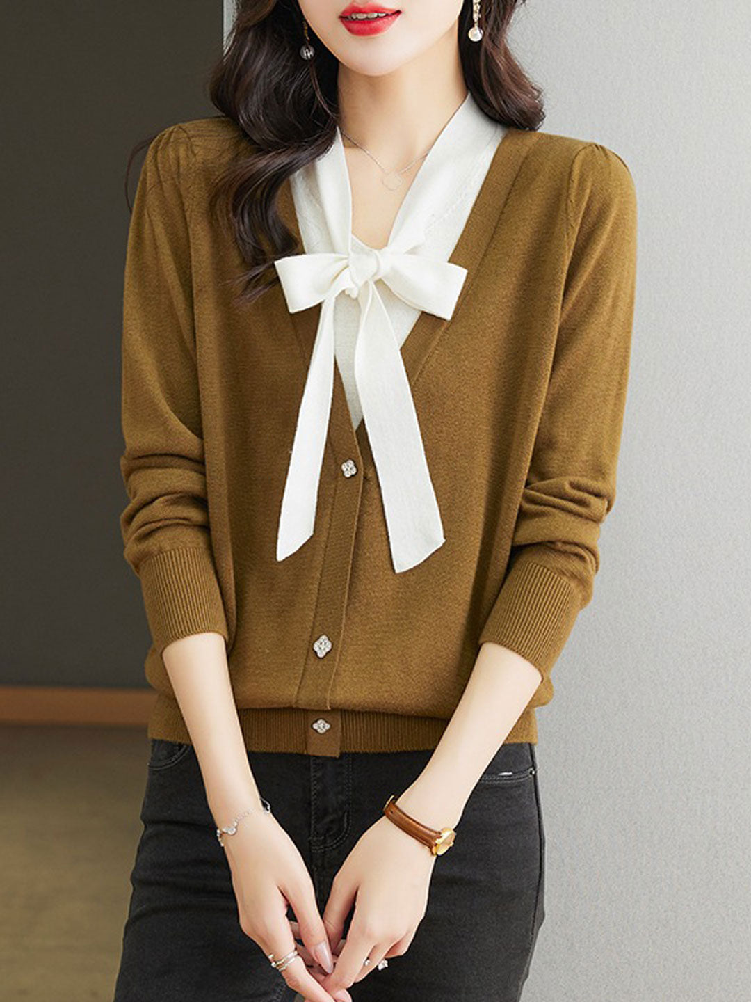 Raya Casual V-Neck Bow Knitted Sweater