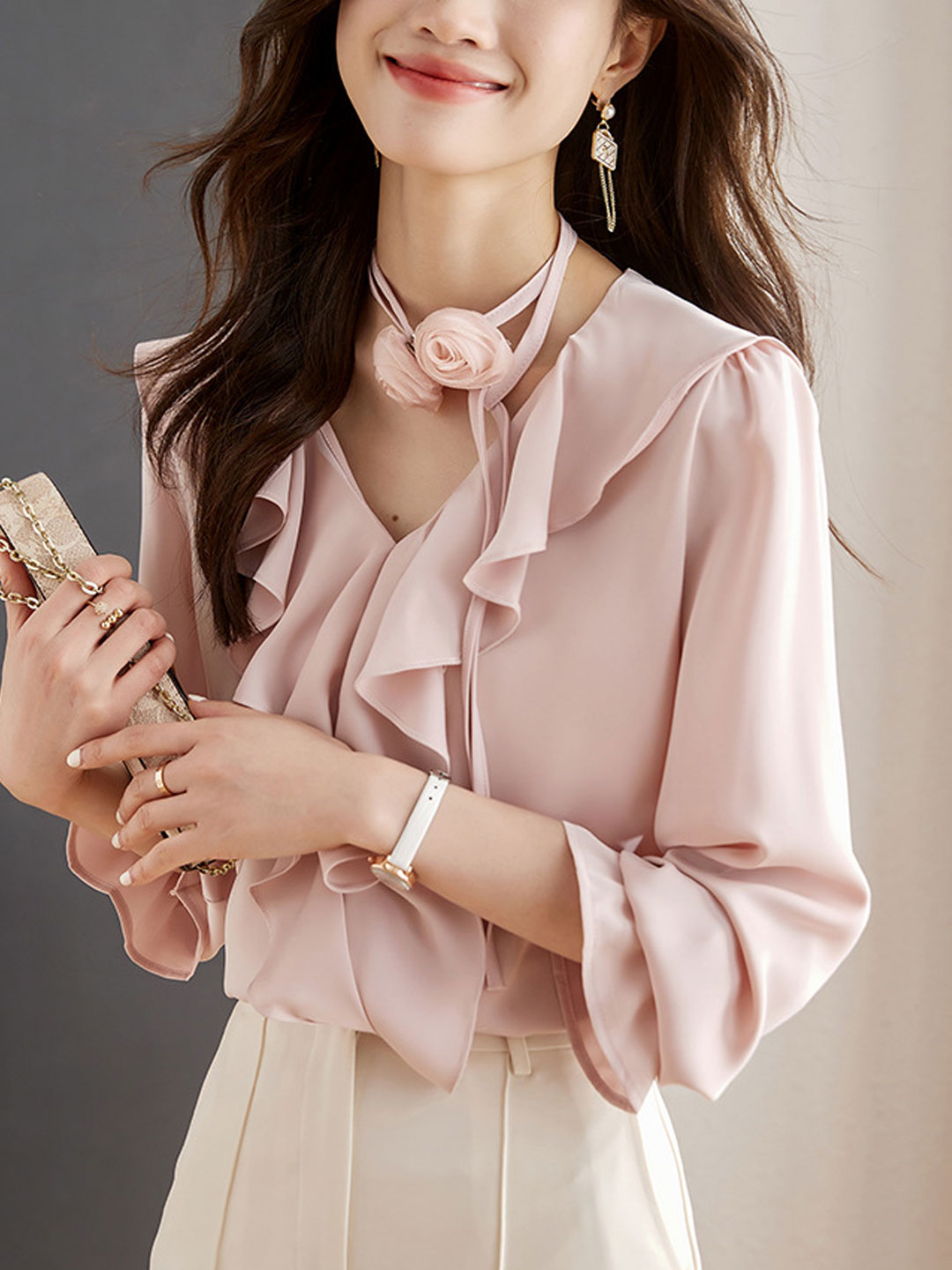 Kaitlyn Retro V-Neck Ruffled Chiffon Blouse