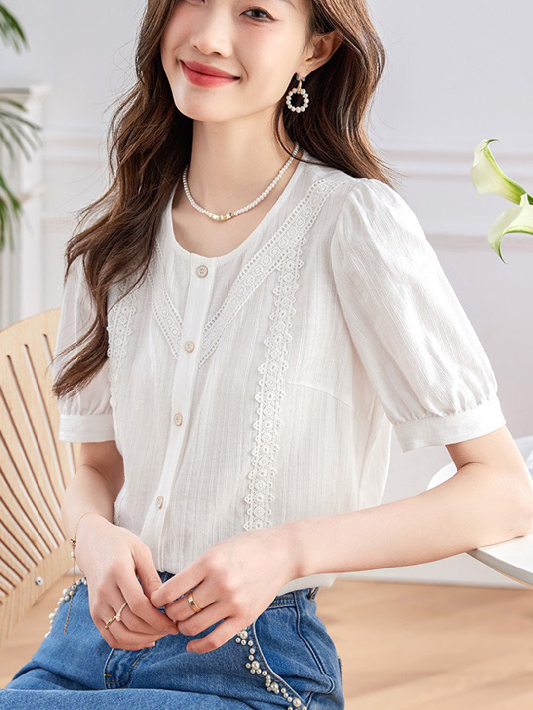 Julia Retro Spliced Puff Sleeve Blouse