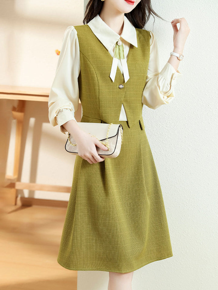 Taylor Elegant Color Blocked Bow Tie Shirt Dress