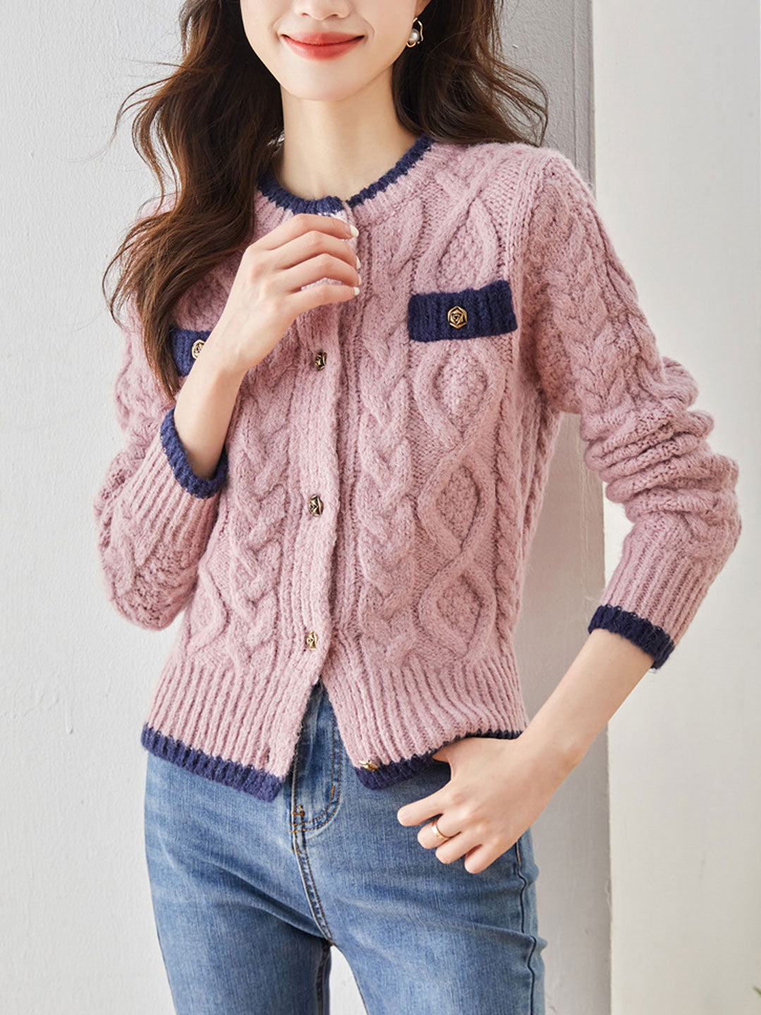 Emma Classic Thickened Knitted Cardigan Sweater-Pink