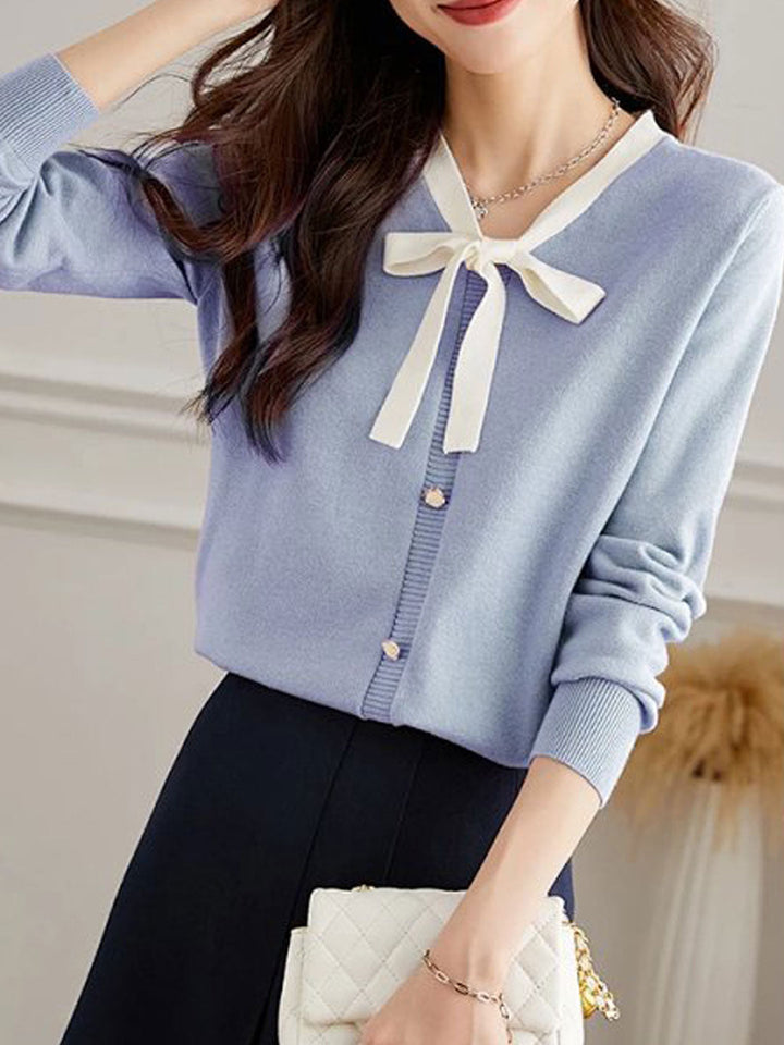 Zoe Elegant Bow Color Blocked Knitted Sweater