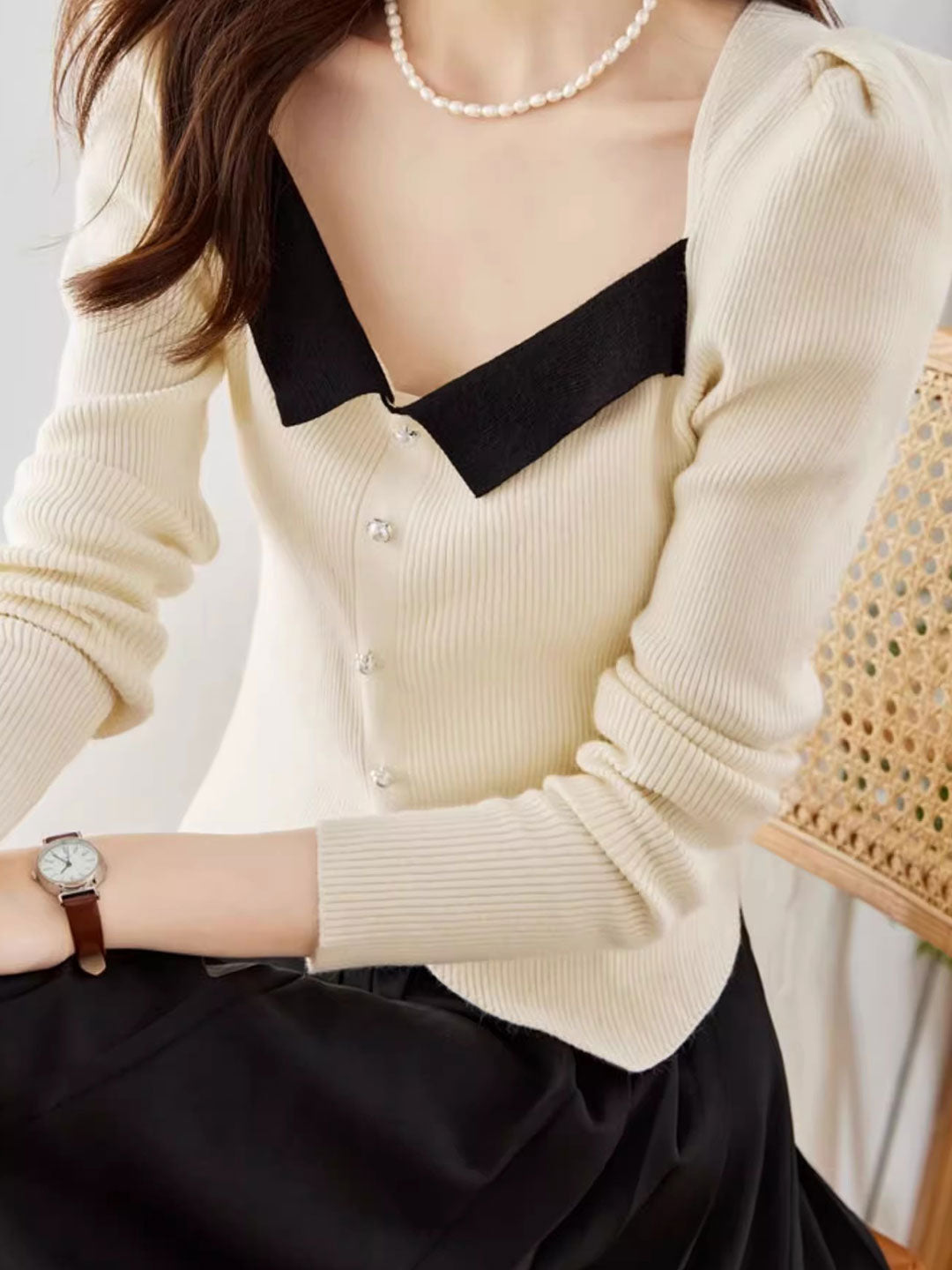 Jessica Retro Color Block Knitted Sweater-Apricot