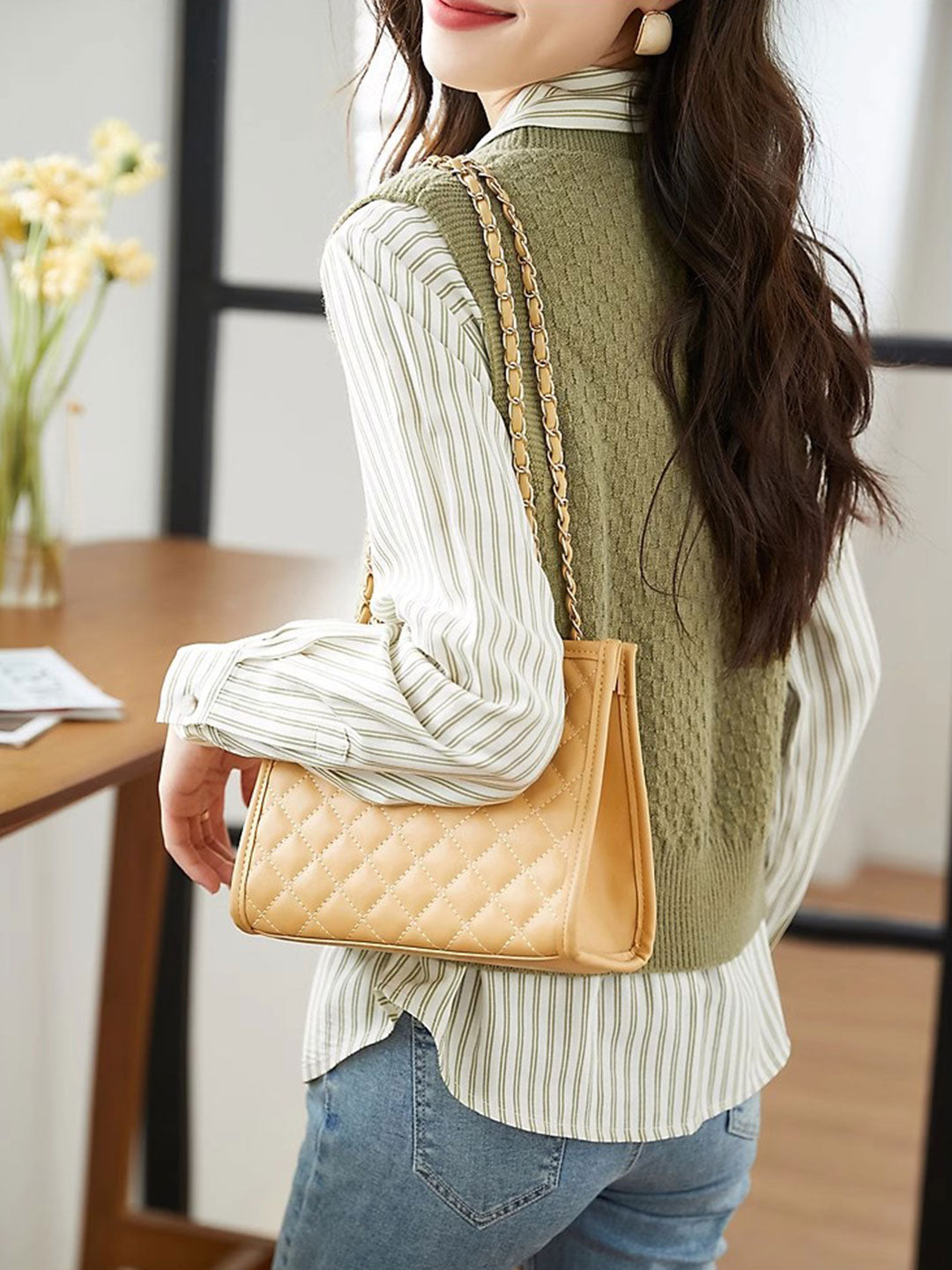 Jessica Elegant Striped Shirt Knitted Vest Set