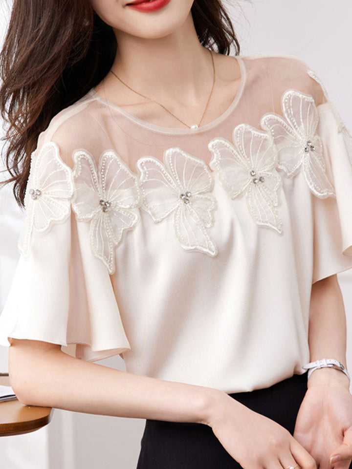 Ava Retro Mesh Splicing Beaded Flower Chiffon Top-Black