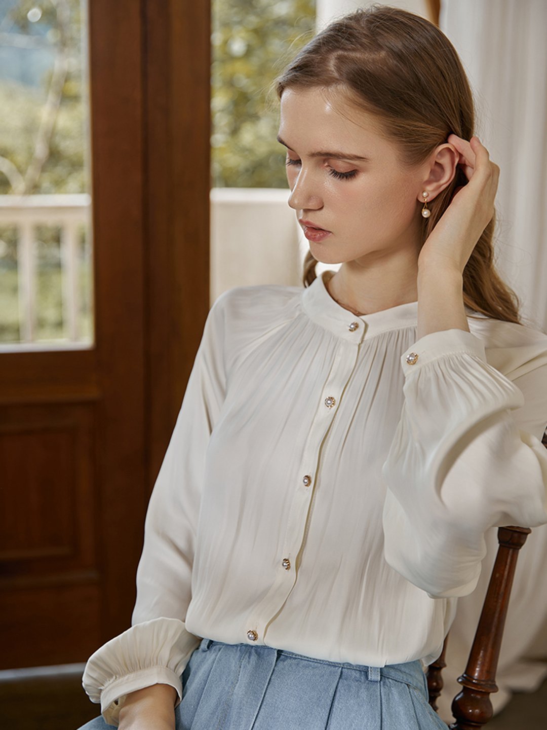 Emma Stand Collar Pleated Vintage Blouse