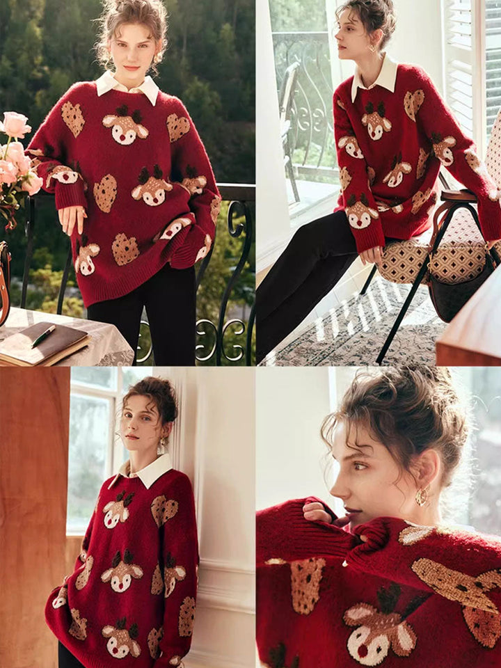 Anna Retro Crew Neck Elk Jacquard Knitted Sweater