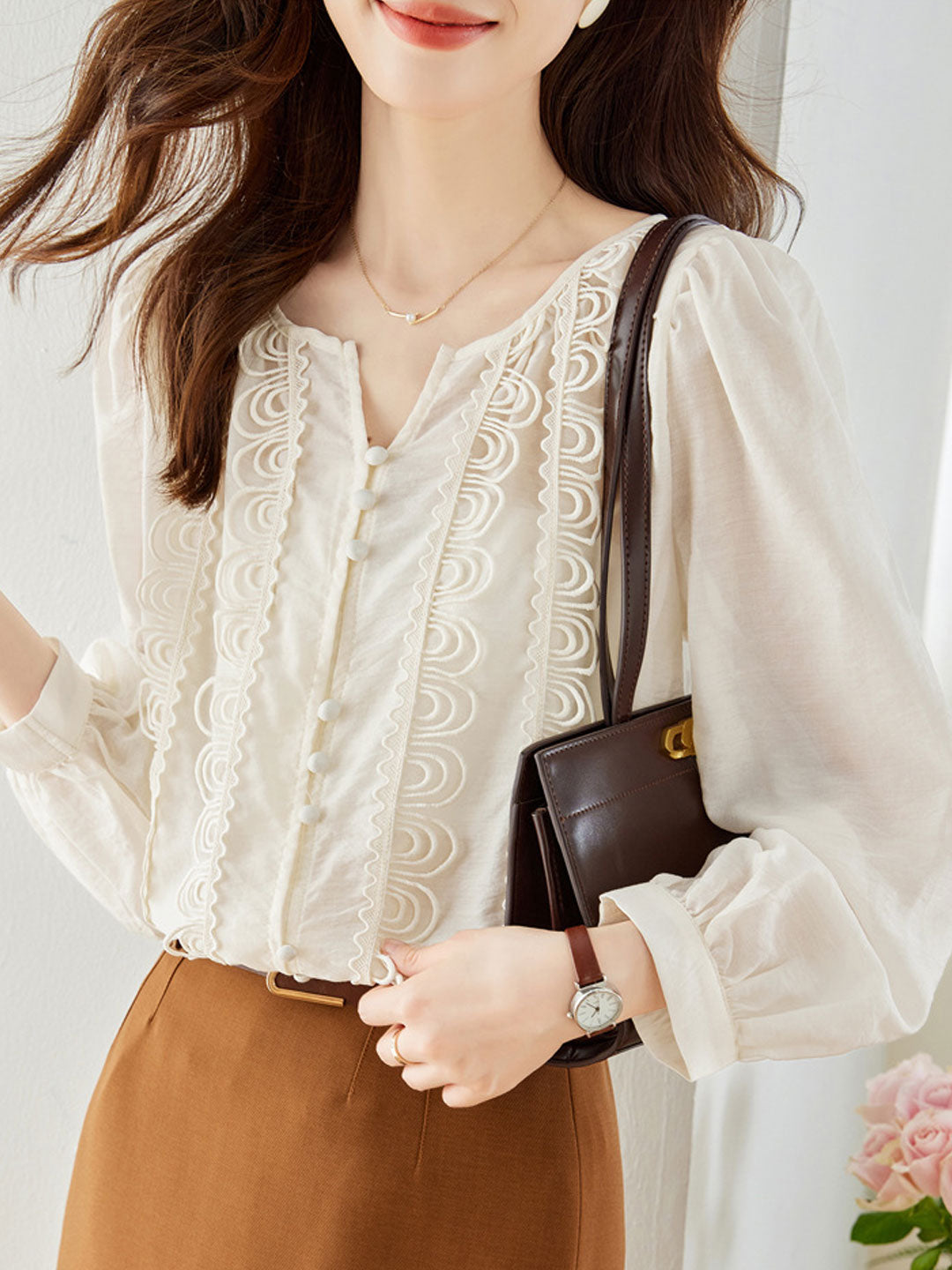 Zoe Classic Balloon Sleeve Lace Chiffon Top