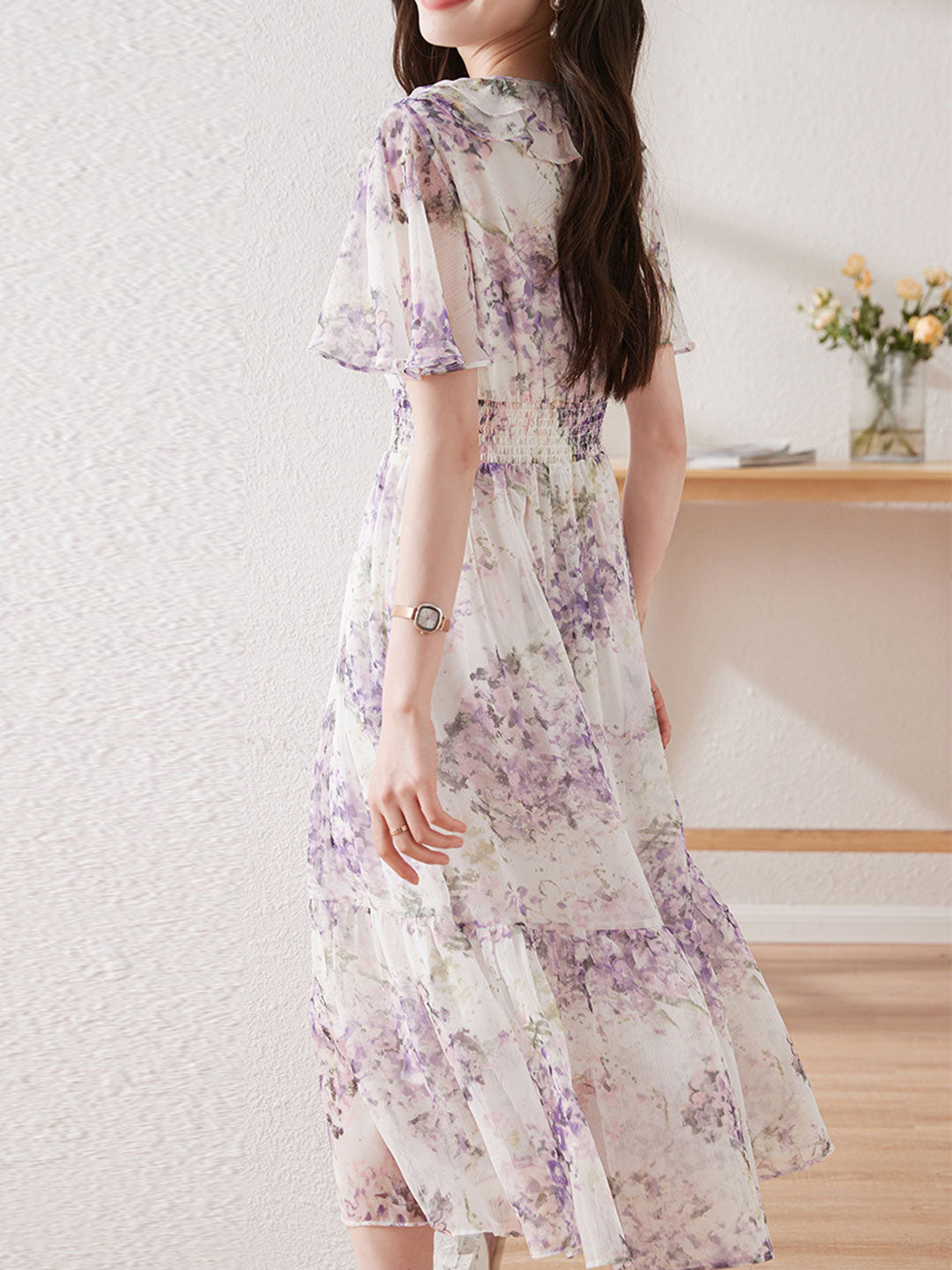 Valeria Retro Waisted Floral Chiffon Dress