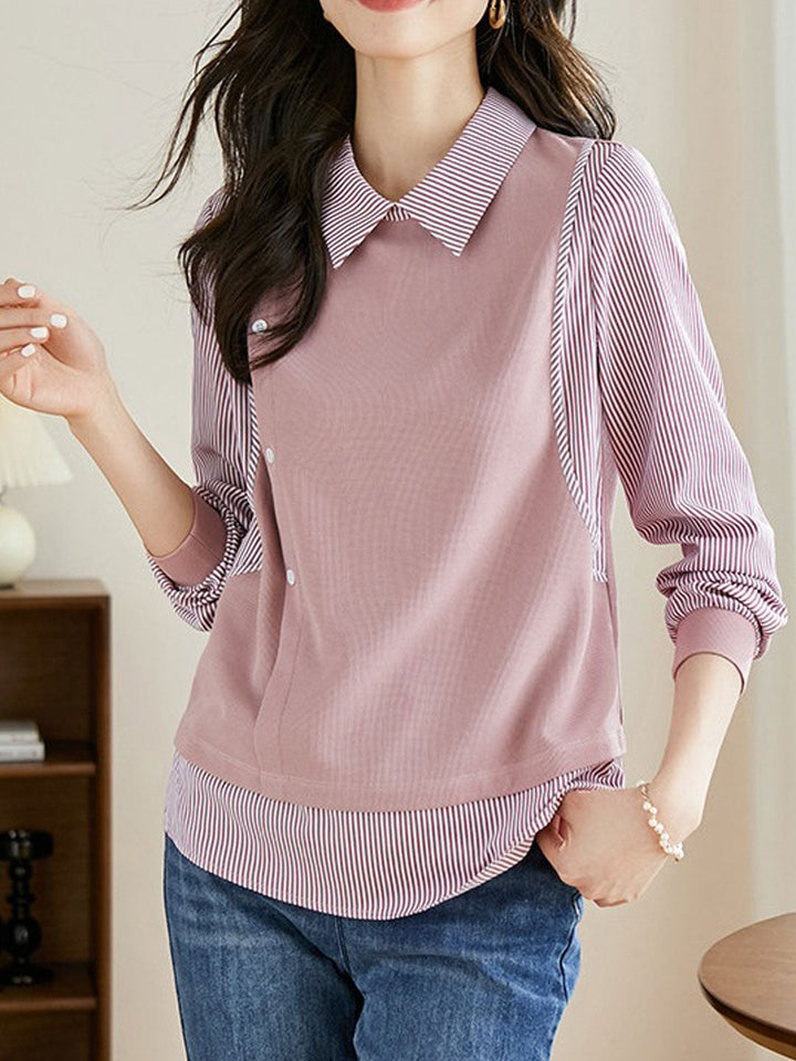 Olivia Casual Lapel Striped Textured Sweatshirt