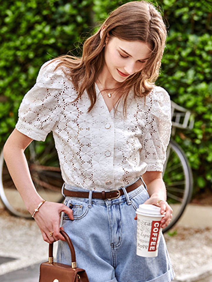 Trinity Retro V-neck Puff Sleeve Lace Hollow Blouse