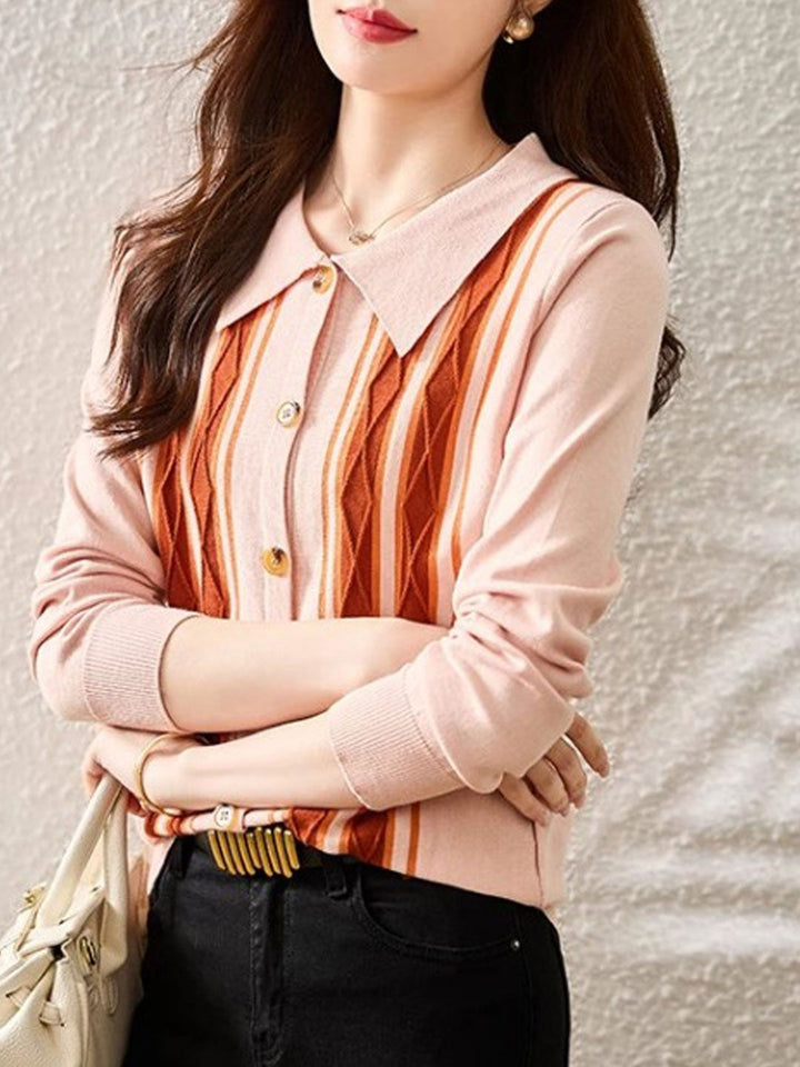 Ava Casual Lapel Striped Knitted Cardigan