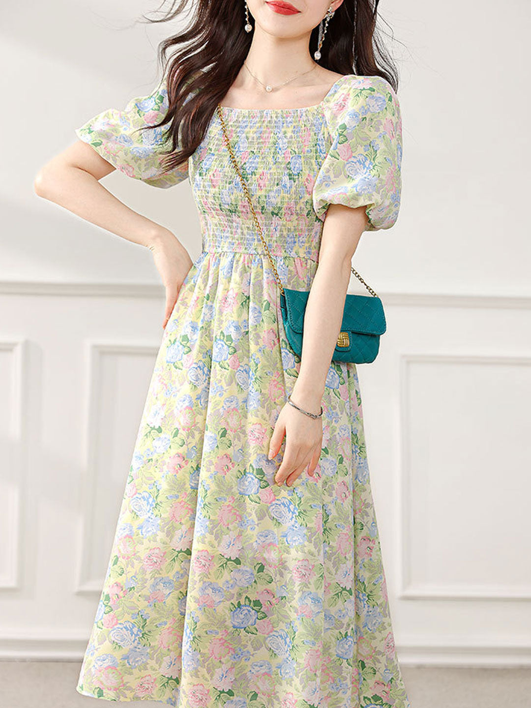 Sophia Retro Puff Sleeve Floral Dress