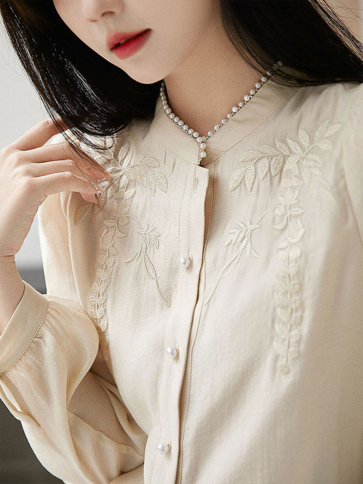 Madison Retro Embroidered Pearl Stand Collar Shirt