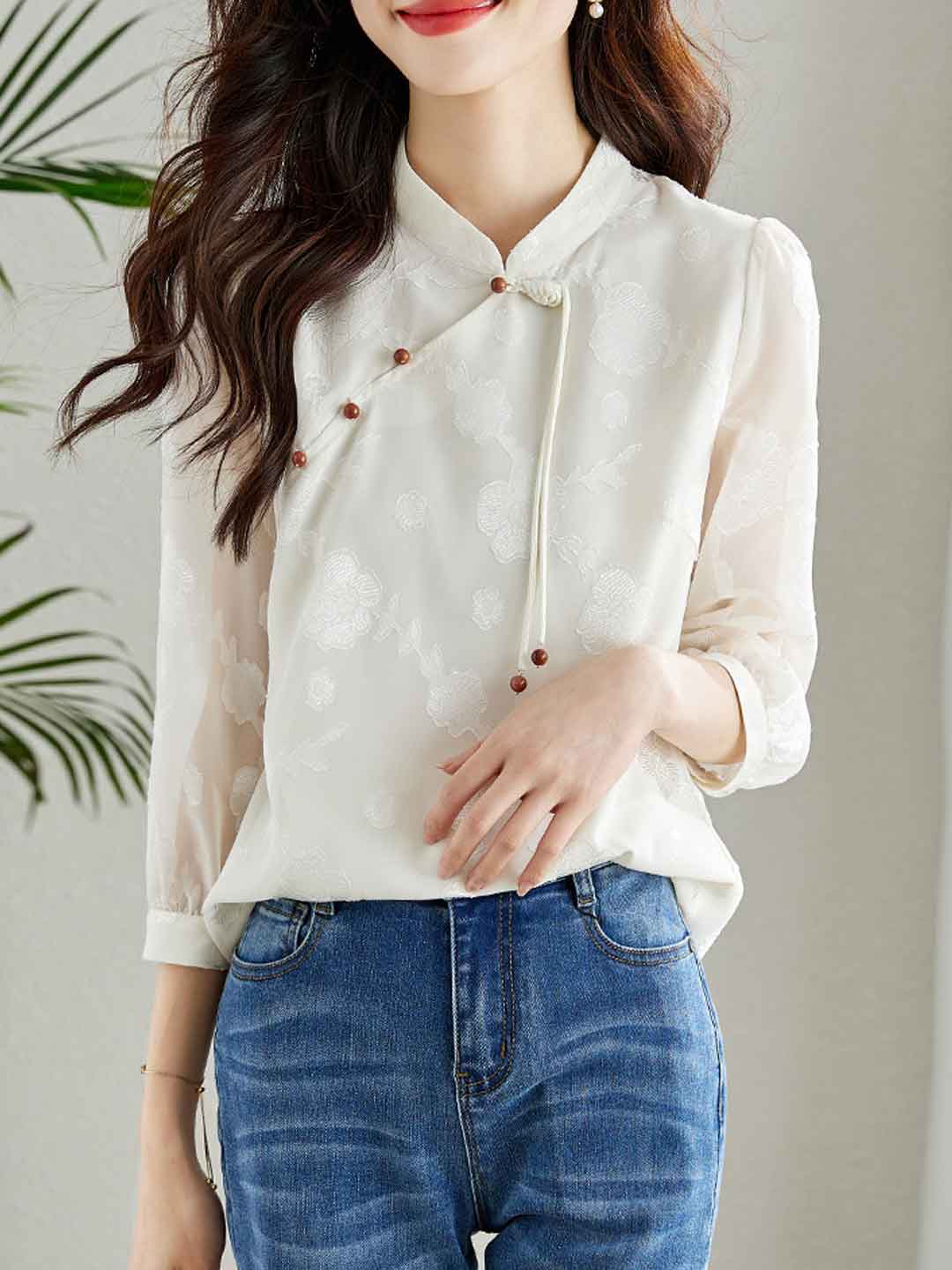 Jasmine Classic Buttoned Floral Textured Shirt