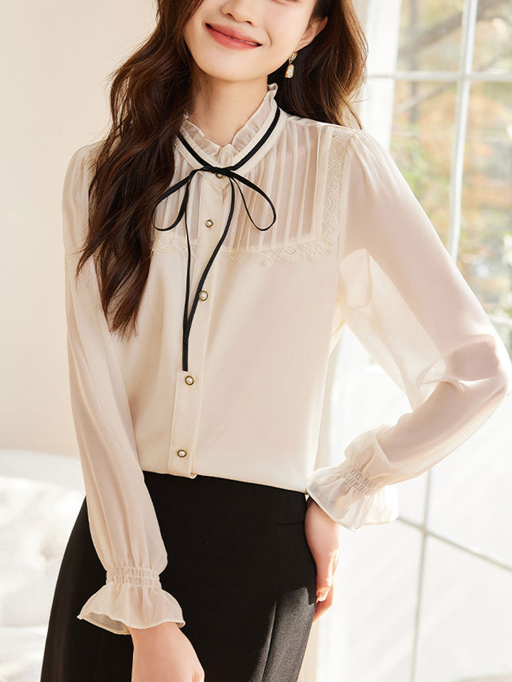 Chloe Vintage Ruffle Bow Collar Chiffon Blouse