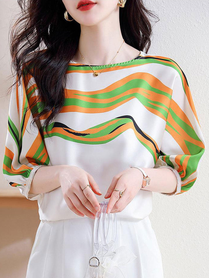 Abigail Loose Lantern Sleeve Striped Printed Shirt