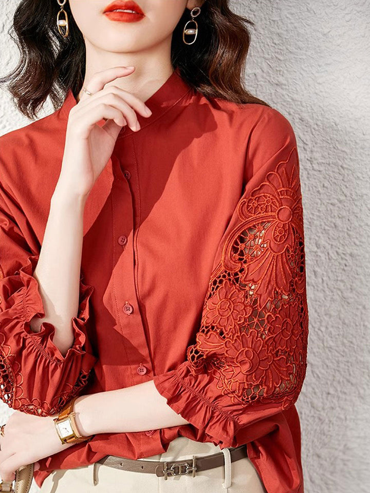 Kayla Casual Embroidered Shirt-Red