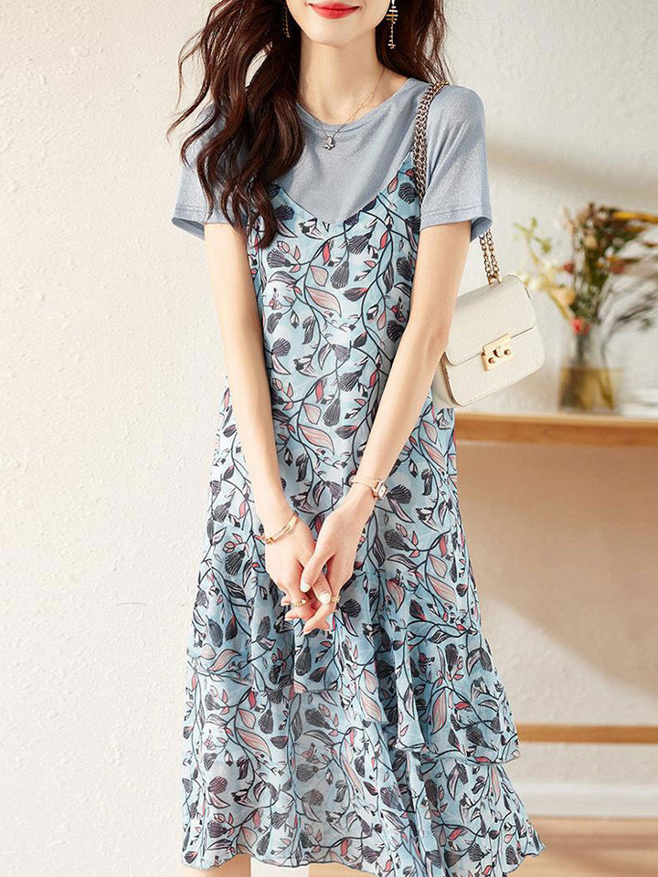 Isabella Classic Floral Panel Asymmetric Chiffon Dress