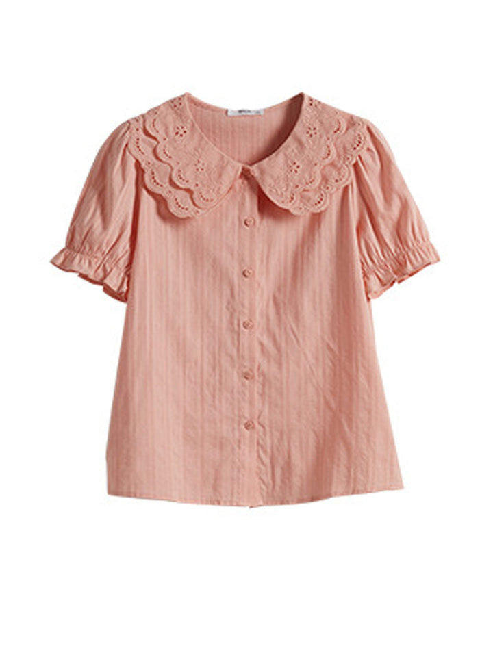 Chloe Retro Hollow Puff Sleeve Textured Top-Pink