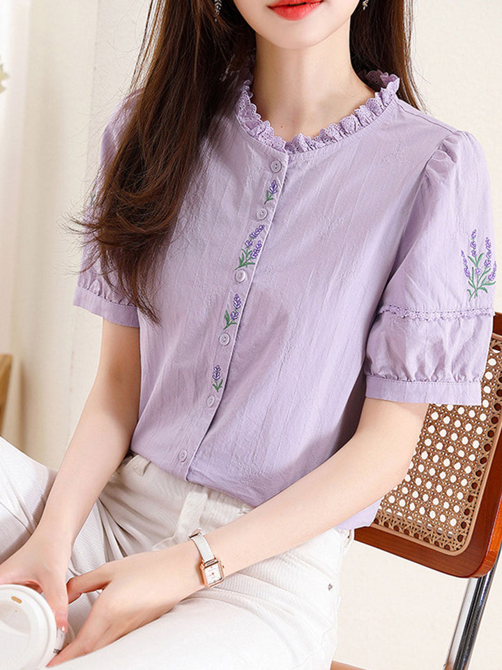 Maria Retro Embroidered  Lace Puff Sleeve Shirt-Purple