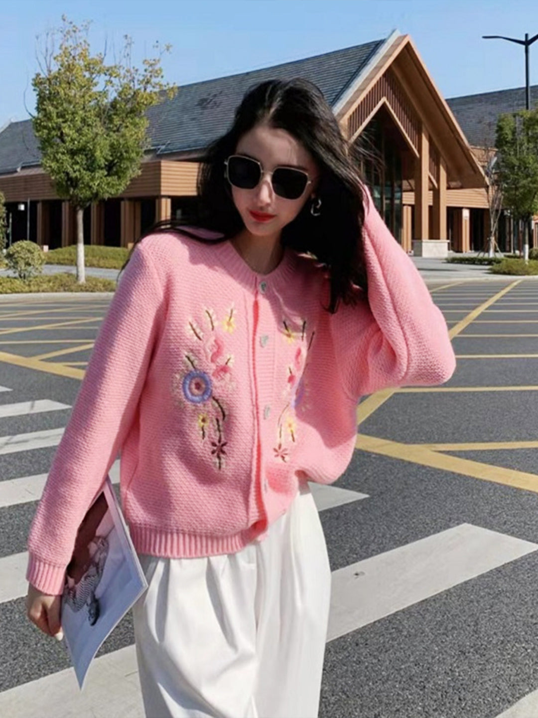 Hannah Casual Embroidery Floral Knitting Sweater-Pink