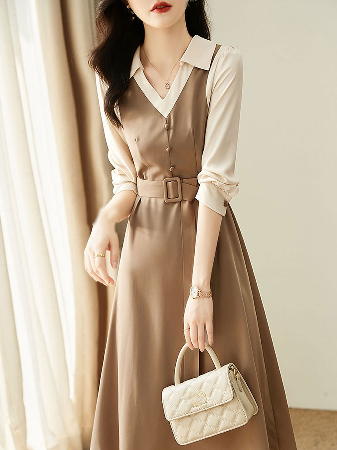 Brianna Elegant Tie Patchwork Waist Dress