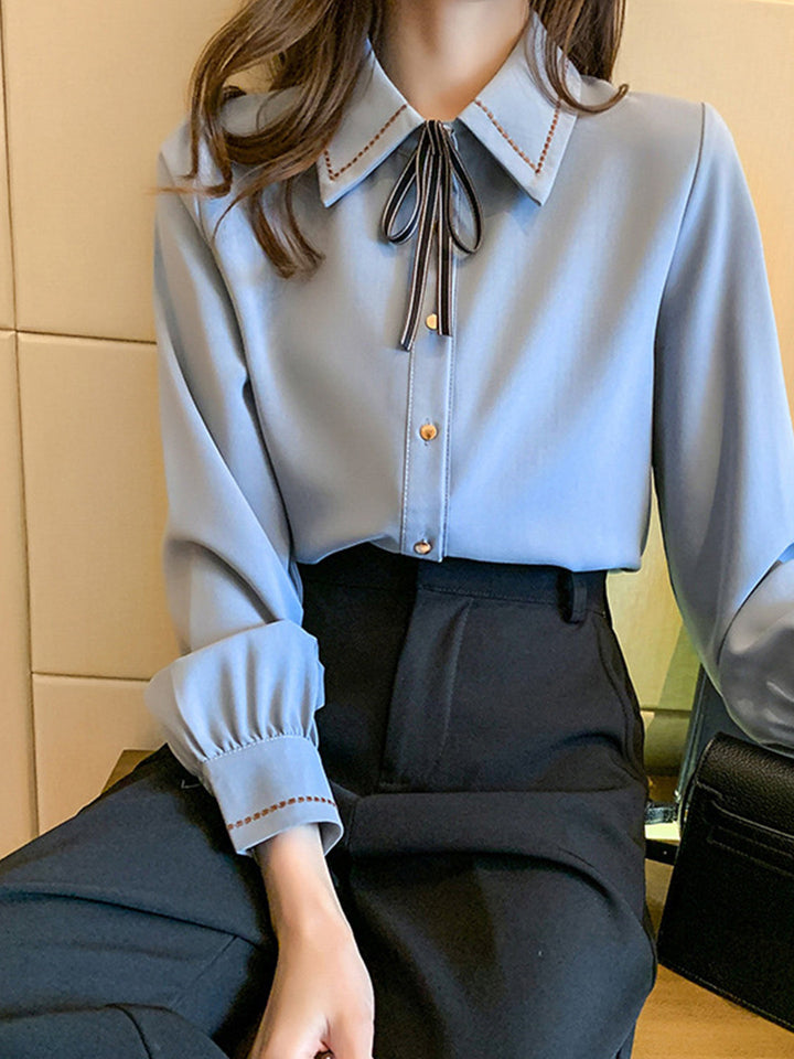 Elizabeth French Style Chiffon Bow Tie Lapel Blouse Shirt