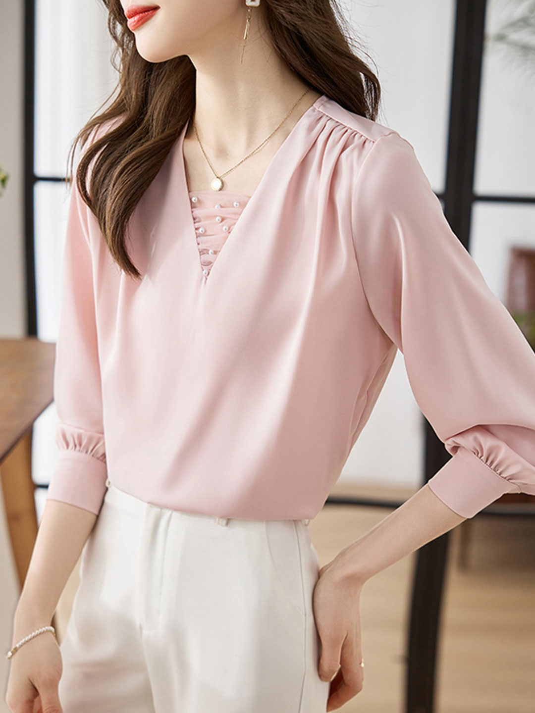 Brianna Classic V-neck Satin Shirt-Apricot