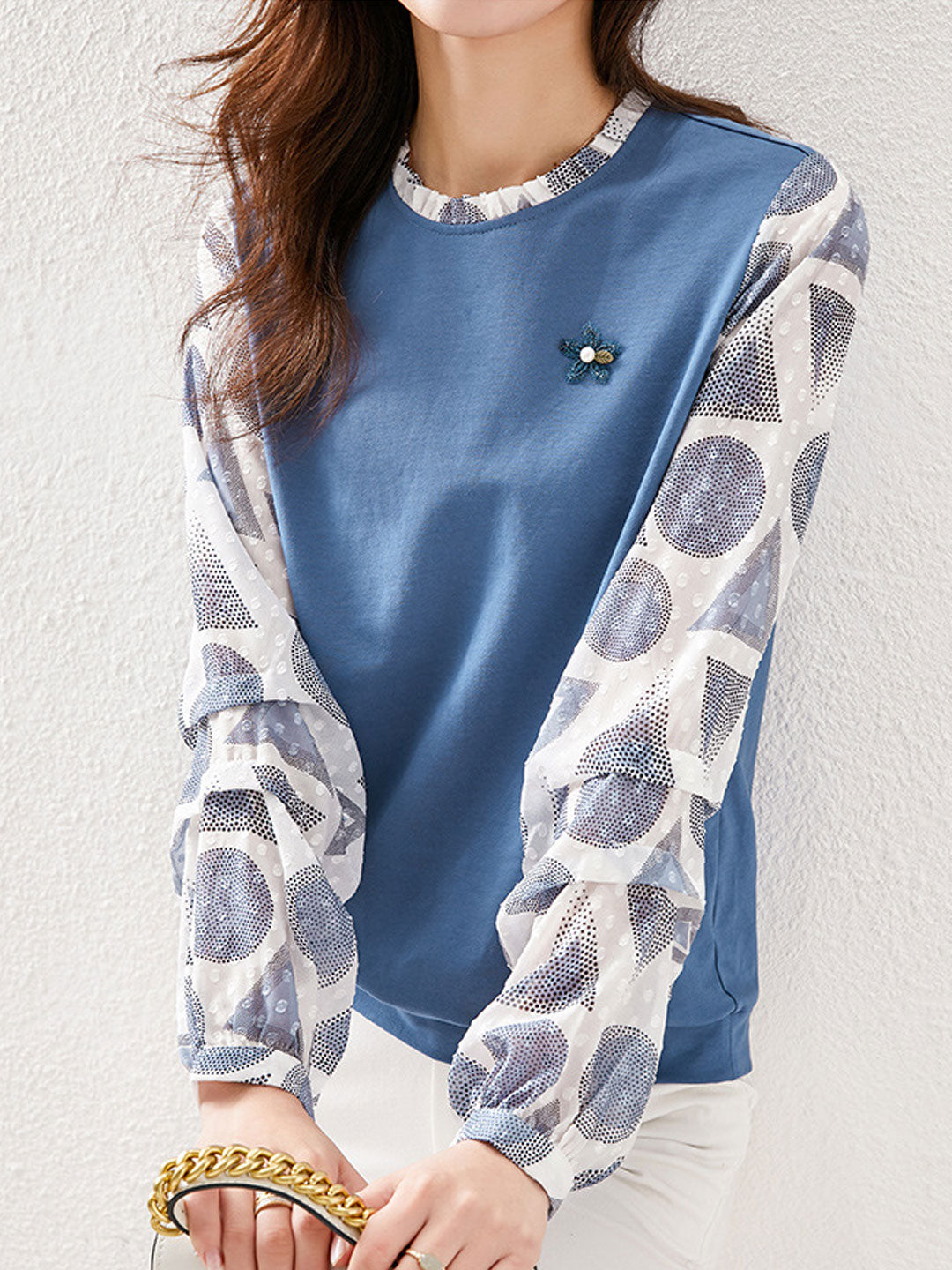 Riley Loose Polka Dot Printed Sleeve Patchwork Top