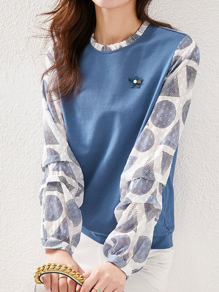 Riley Loose Polka Dot Printed Sleeve Patchwork Top