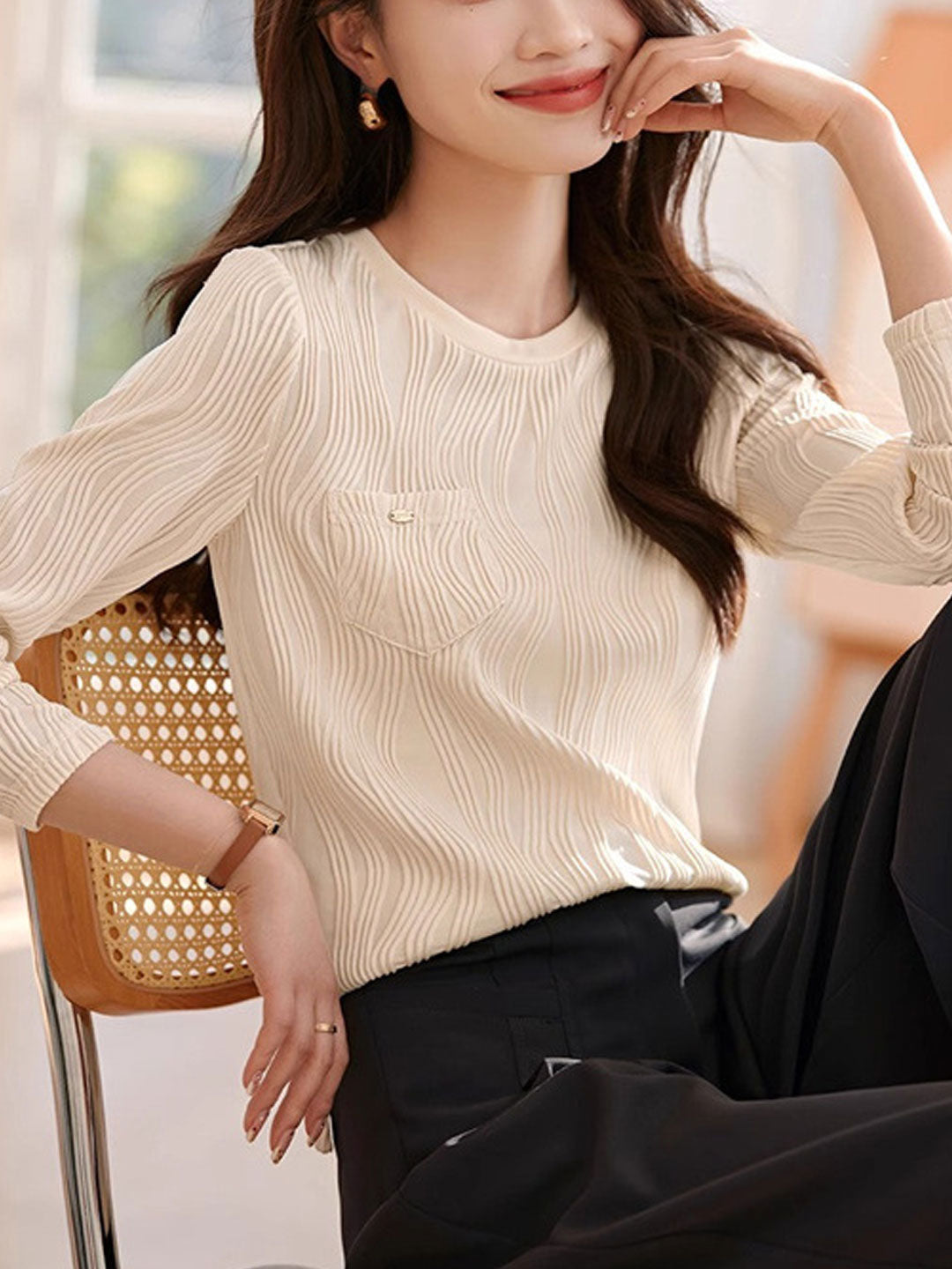 Jessica Retro Crew Neck Jacquard Texture Knitted Sweater