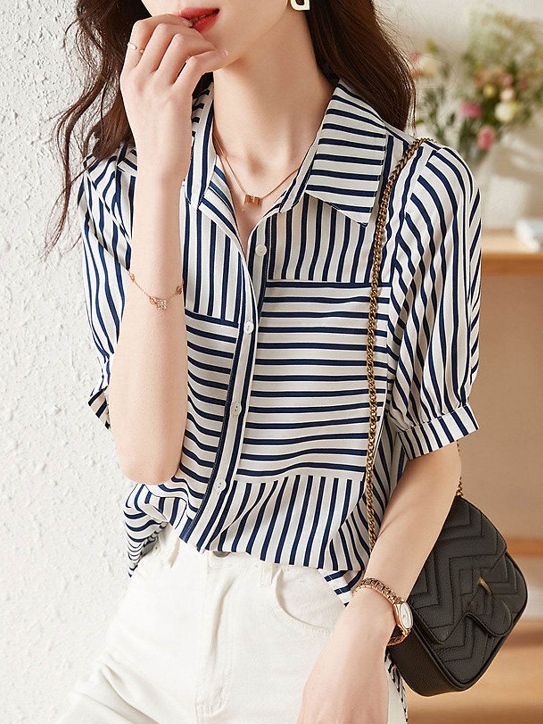 Sophia Casual Blue and White Striped Chiffon Shirt