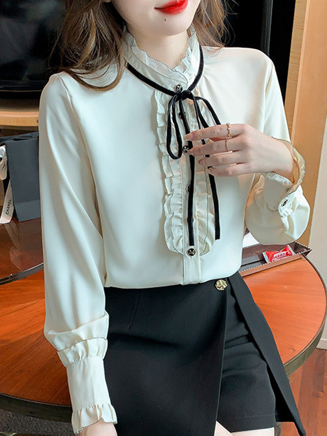 Carol French Stand Collar Bow Chiffon Blouse