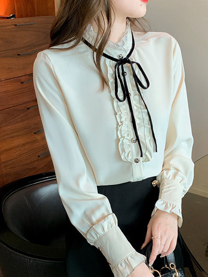 Carol French Stand Collar Bow Chiffon Blouse