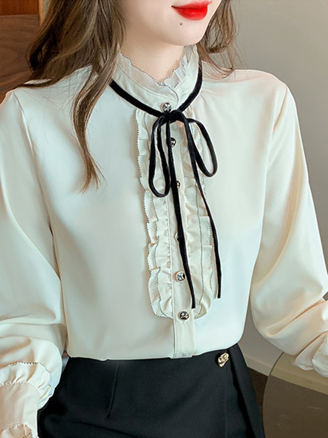 Carol French Stand Collar Bow Chiffon Blouse