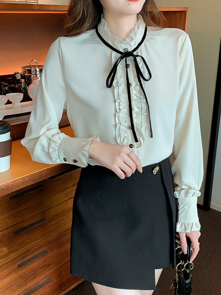 Carol French Stand Collar Bow Chiffon Blouse