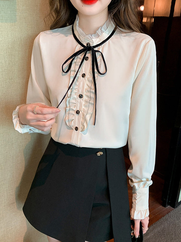 Carol French Stand Collar Bow Chiffon Blouse