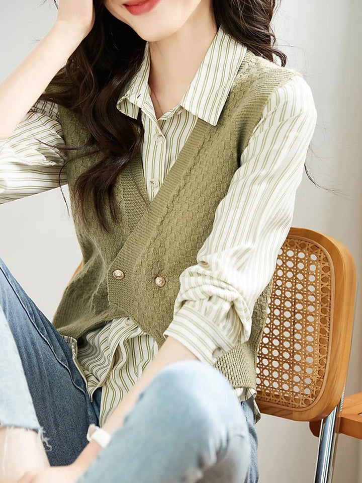 Jessica Elegant Striped Shirt Knitted Vest Set