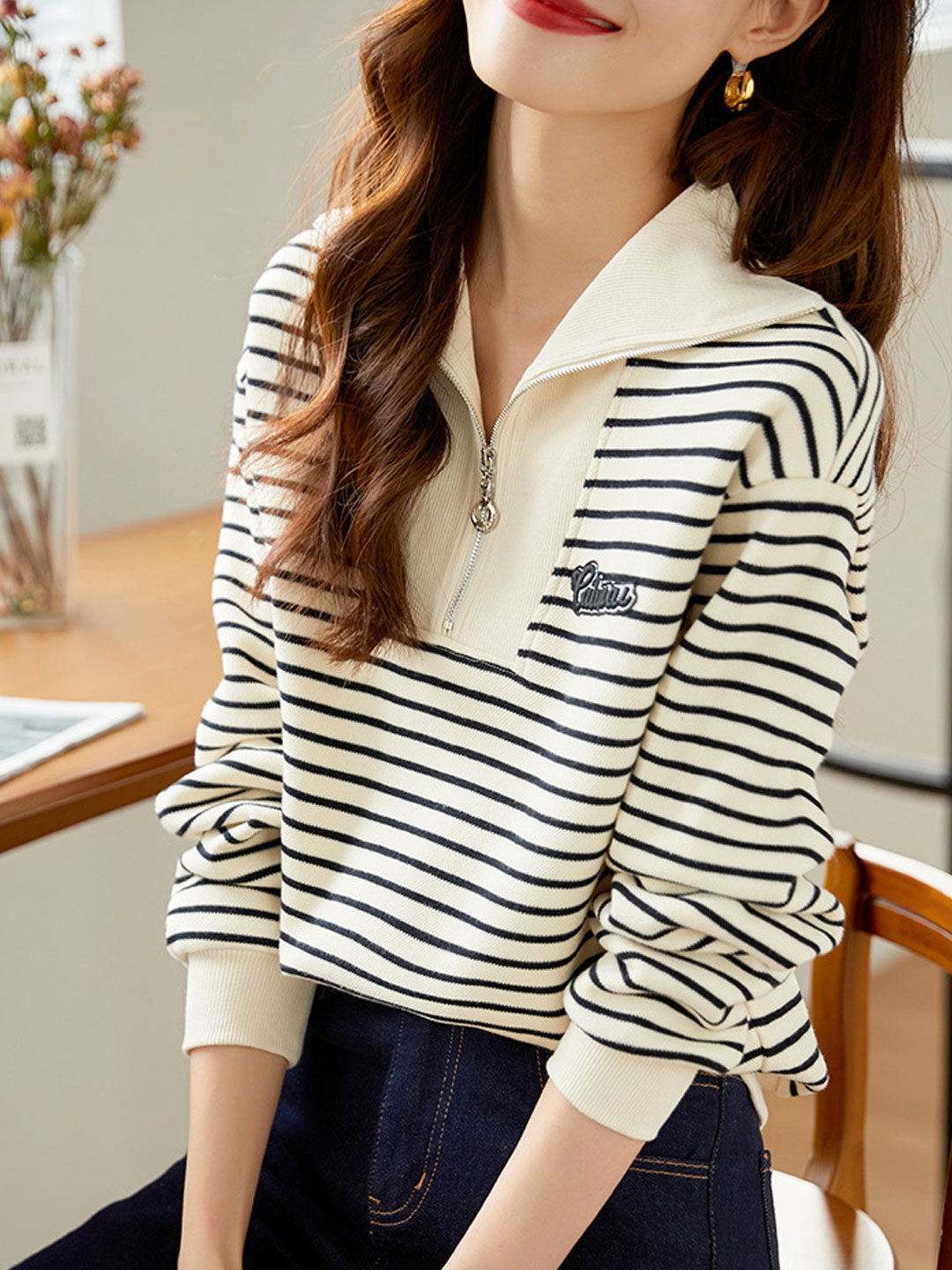 Alyssa Casual Lapel Striped Pullover Sweatshirt