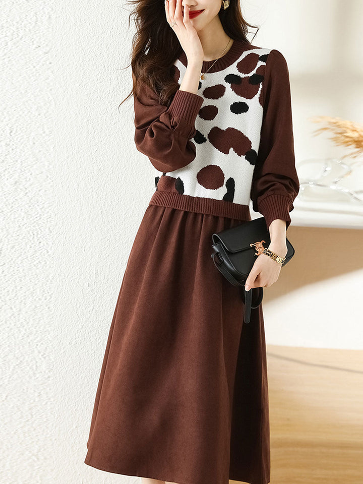 Olivia Classic Waist Puff Sleeve Patchwork Sweater Dress Set