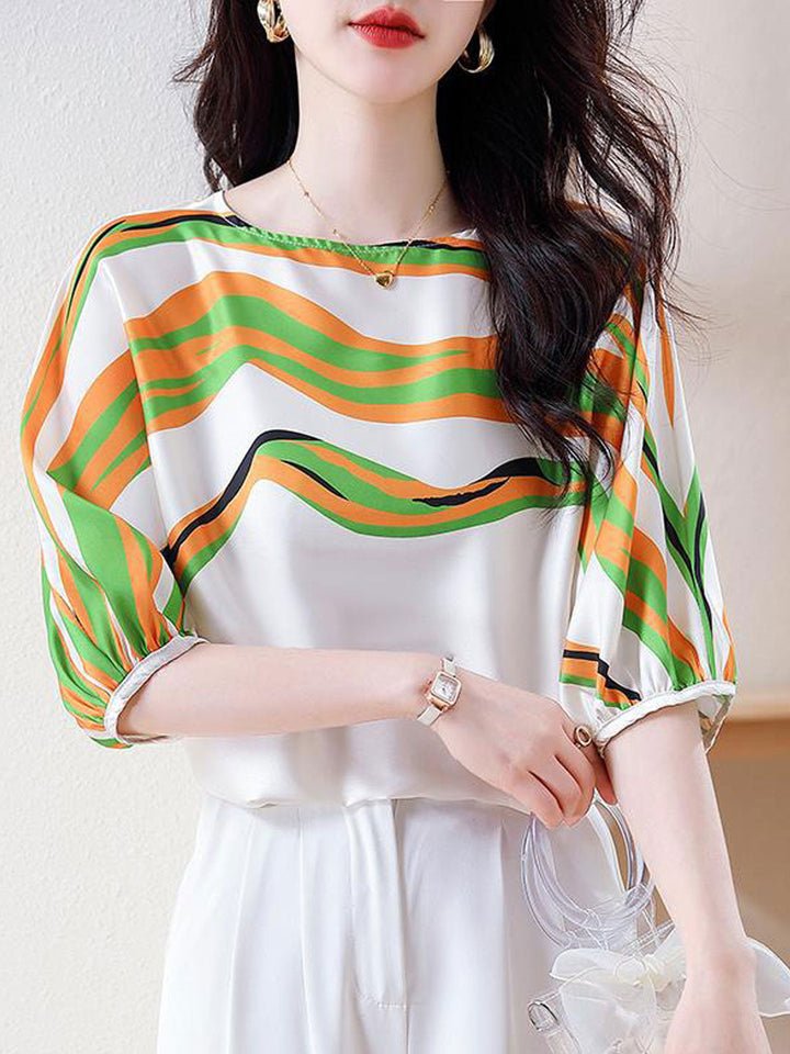 Abigail Loose Lantern Sleeve Striped Printed Shirt