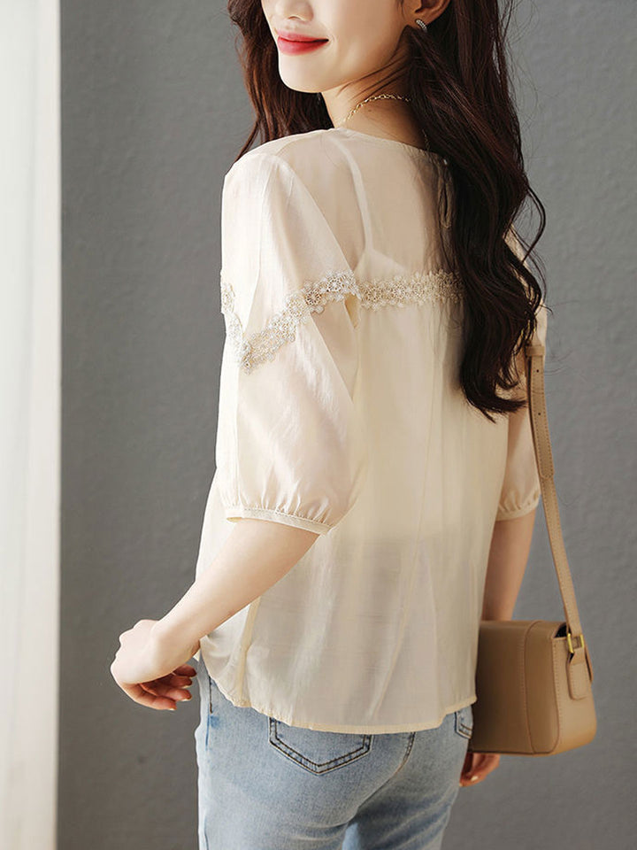 Audrey Loose Puff Sleeve Lace Hollowed Blouse